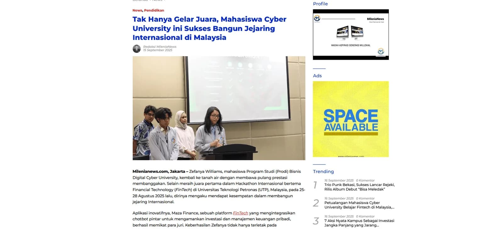 Liputan Milenial.id (2025): Mahasiswa Cyber University Juara Kompetisi FinTech Internasional dan Bangun Jejaring di Malaysia